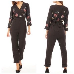 Ted Baker Oracle Jumpsuit Black Botanical Print Long Sleeve Tie Waist US size 6